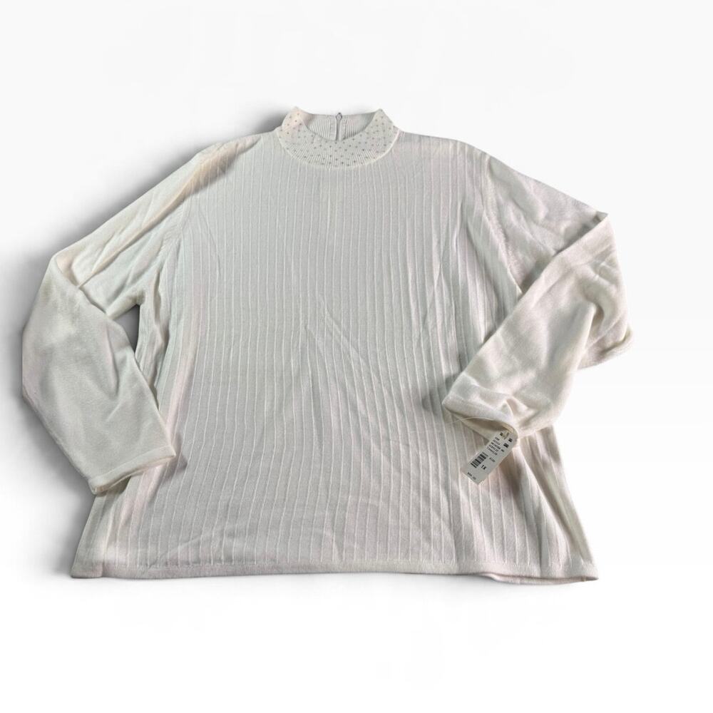 Koret Womens 1X Winter White Rhinestone Mock Neck Sweater Ribbed Knit NWT